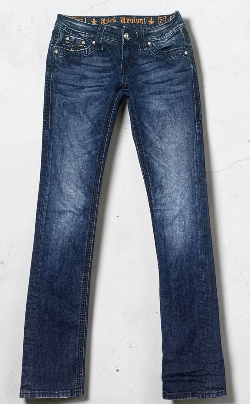 Rock Revival Darcy Straight Jeans Women’s Size 25 Fleur De Lis Embroidered 26x31